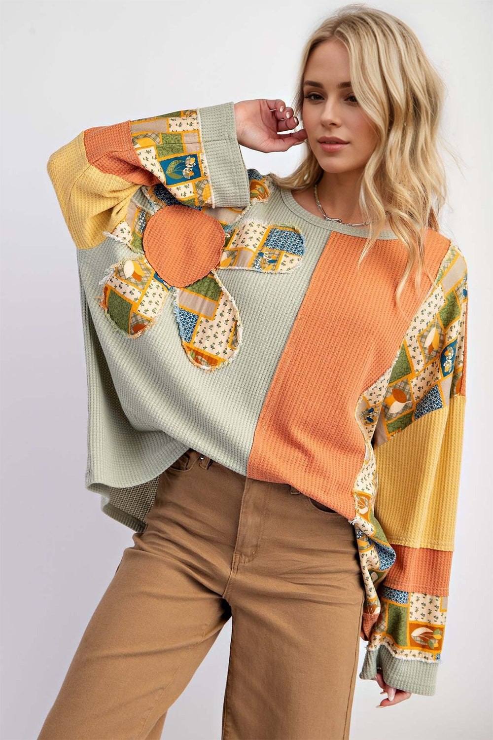 Outfit Flow - Waffle-Knit Color Block Long Sleeve Sweatshirt