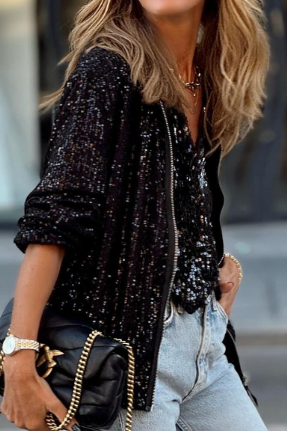 Outfit Flow - Sequin Zip Up Long Sleeve Jacket