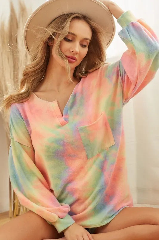 BiBi Brushed Tie Dye French Terry Top with Bubble Sleeves OutfitFlow