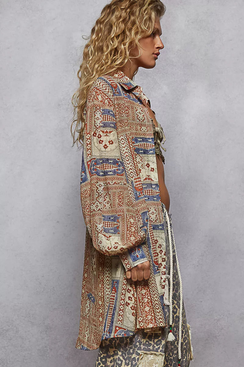 POL Printed Button Down Balloon Sleeve Shirt OutfitFlow