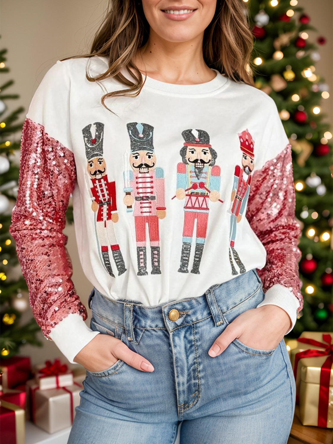 Outfit Flow - Sequin Nutcracker Round Neck Long Sleeve Sweatshirt