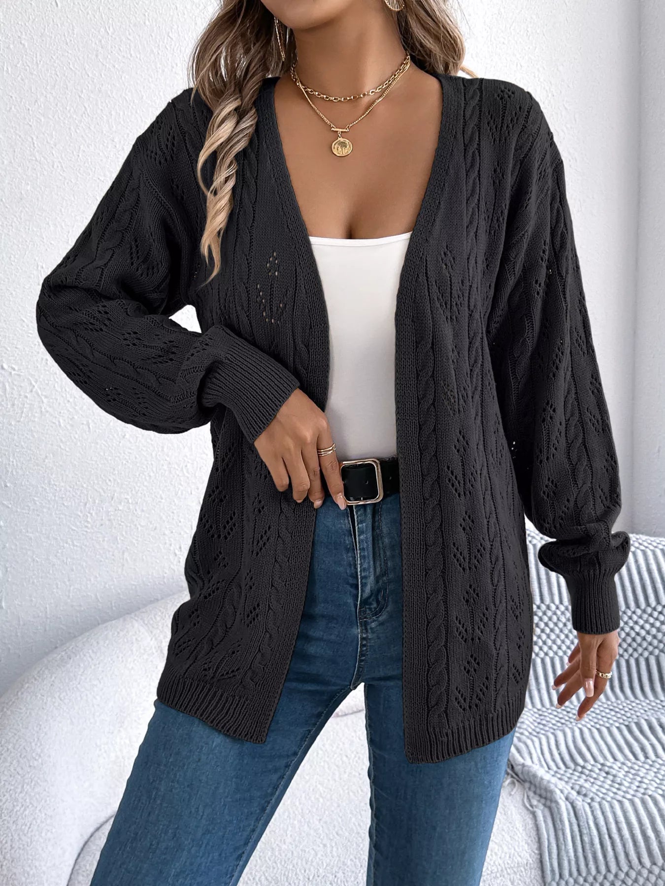 Openwork Open Front Long Sleeve Cardigan OutfitFlow