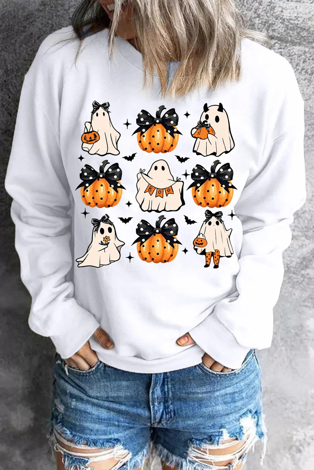 Outfit Flow - Pumpkin & Ghost Round Neck Long Sleeve Sweatshirt