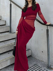 Off-Shoulder Long Sleeve Ruched Bodycon Maxi Dress OutfitFlow
