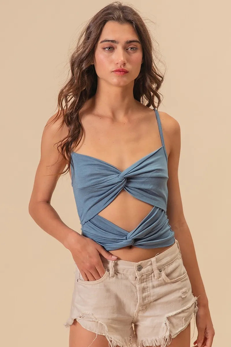 BiBi Rayon Span Jersey Knit Double Twist Front Cami Top OutfitFlow