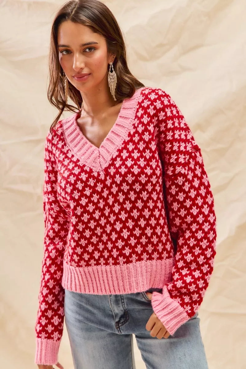 SO ME Color Block Textured Christmas Sweater V Neck Top OutfitFlow