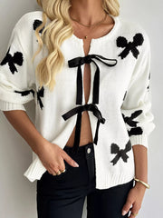 Tie Front Bow Pattern Cardigan White OutfitFlow