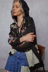 POL Zip Up Floral and Lace Patch Washed Jacket OutfitFlow