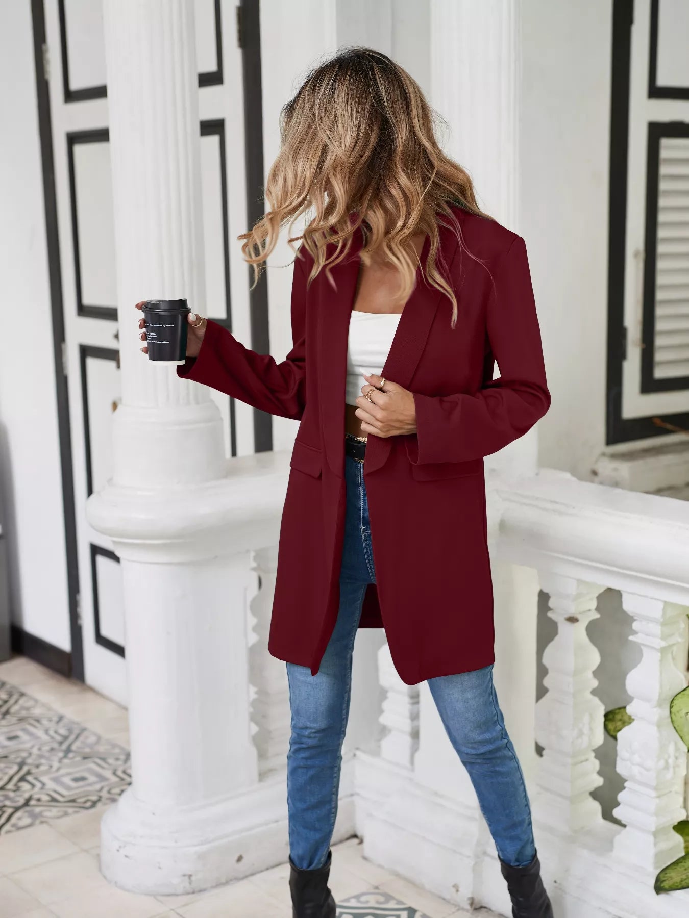 Lapel Collar Long Sleeve Blazer OutfitFlow