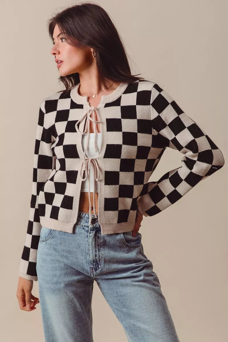 SO ME Tie Front Checkered Knitted Round Neck Cardigan Trendsi