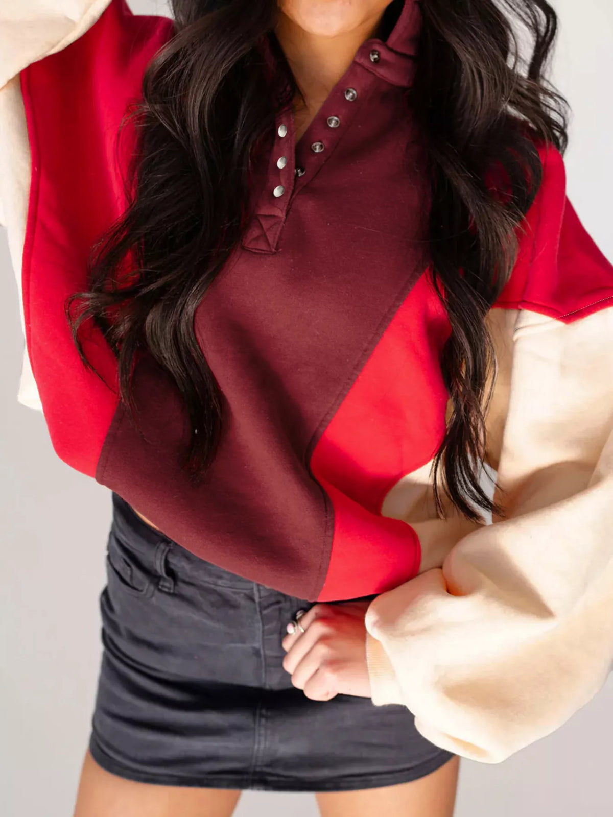 Color Block Patchwork Snap Button Oversize Hoodie Brown OutfitFlow