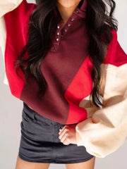 Color Block Patchwork Snap Button Oversize Hoodie Brown OutfitFlow