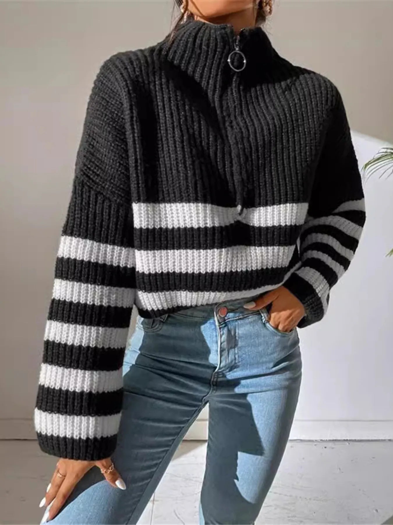 Striped Half Zip Cropped Sweater OutfitFlow