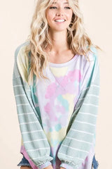 BiBi Tie Dye Terry Top with Wide Stripe Thermal Waffle OutfitFlow