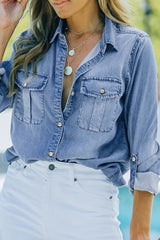 Pocketed Collared Neck Long Sleeve Denim Top OutfitFlow