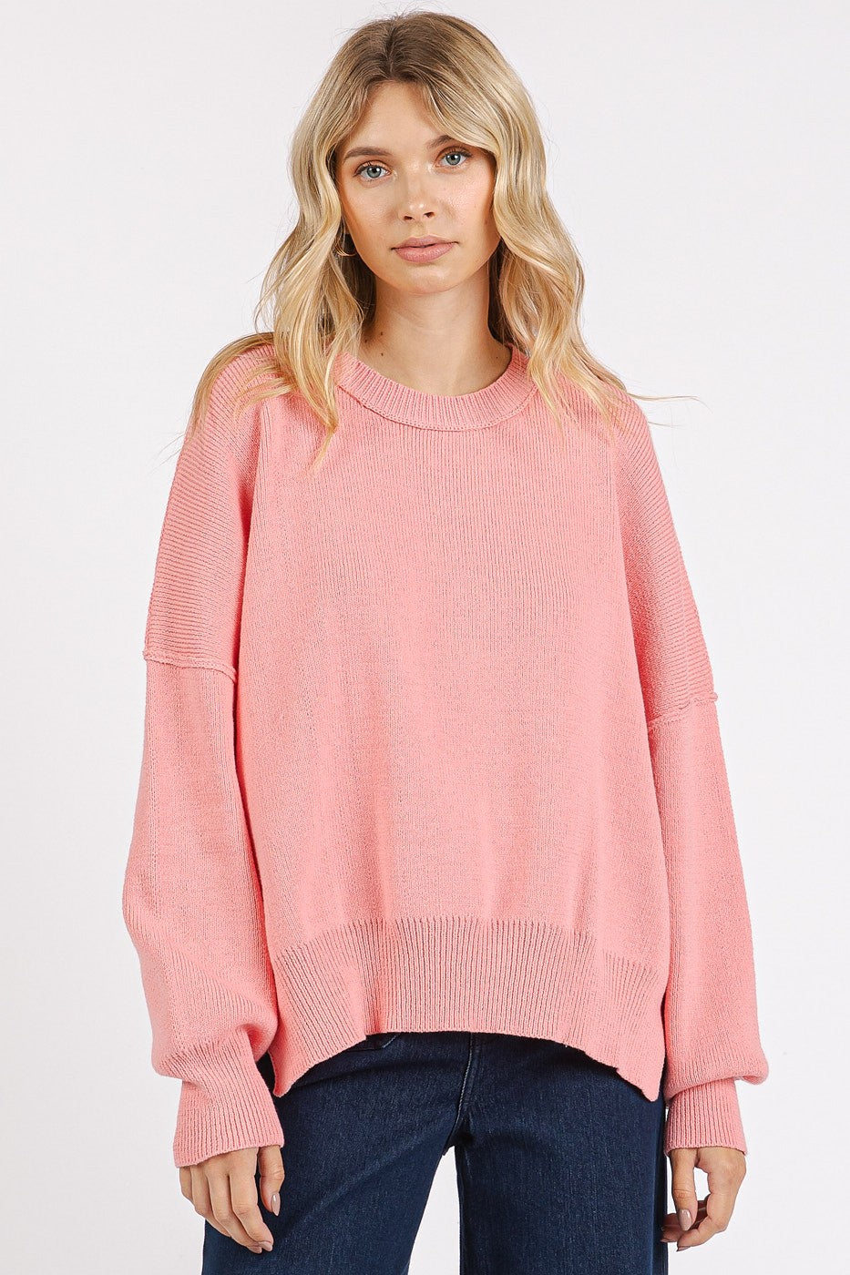 Mittoshop Side Slit Round Neck Drop Shoulder Sweater