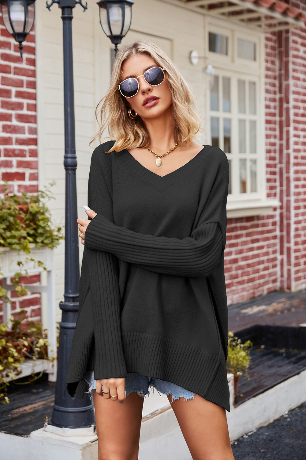 Outfit Flow - Slit V-Neck Dropped Shoulder Sweater