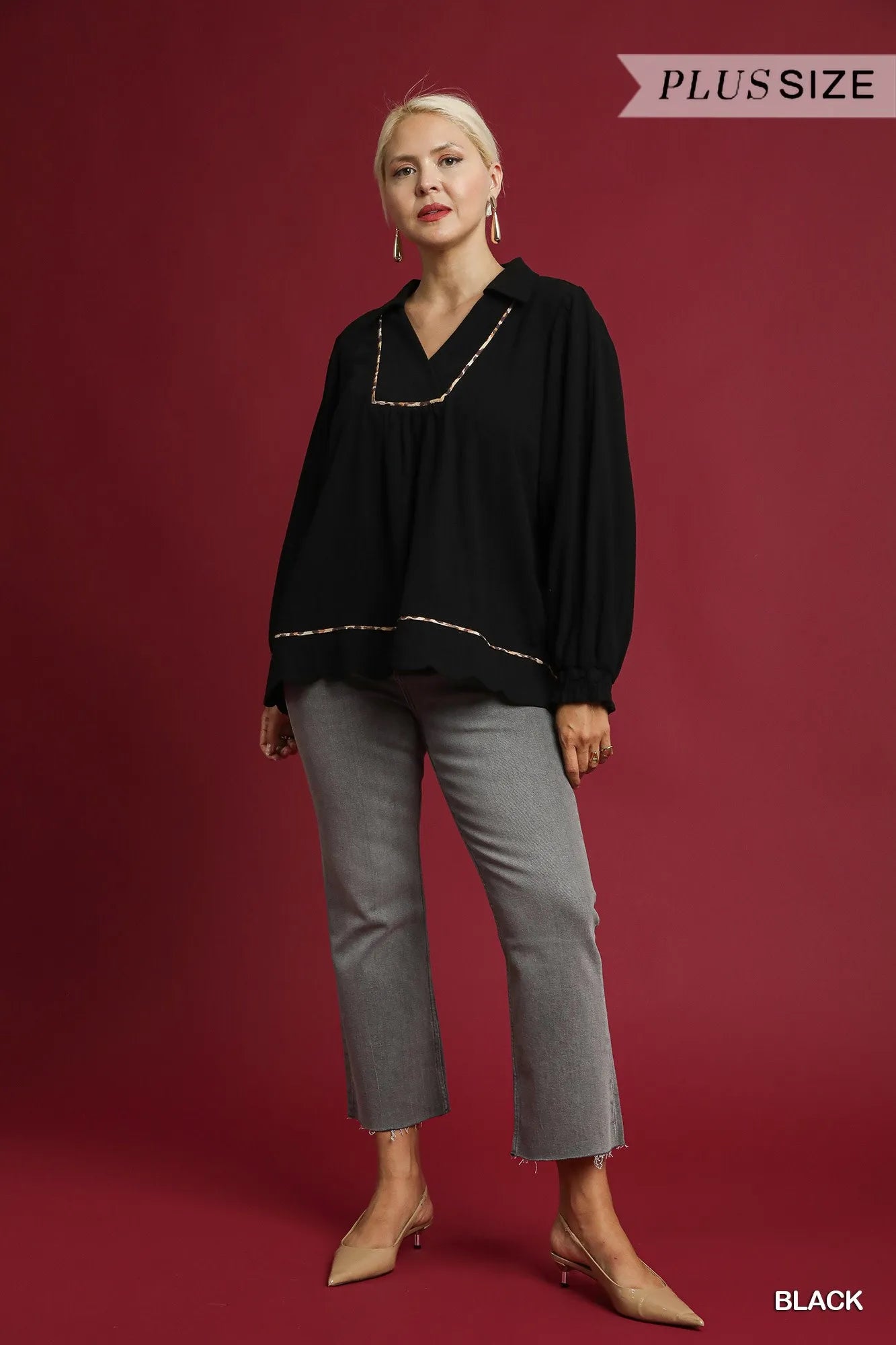 Umgee Full Size Linen Scallop Hem Blouse with Contrast Trim Plus Size Trendsi