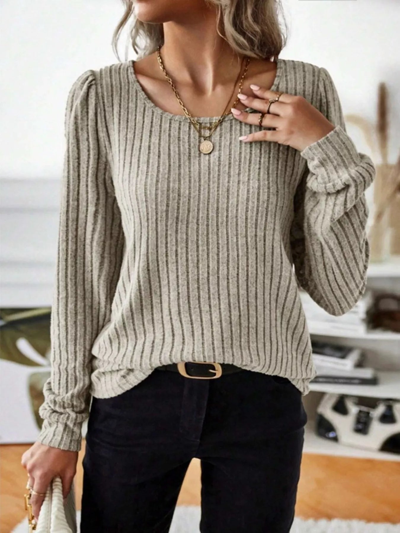 Ribbed Knit Long Sleeve T-Shirt Apricot OutfitFlow