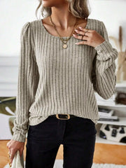 Ribbed Knit Long Sleeve T-Shirt Apricot OutfitFlow