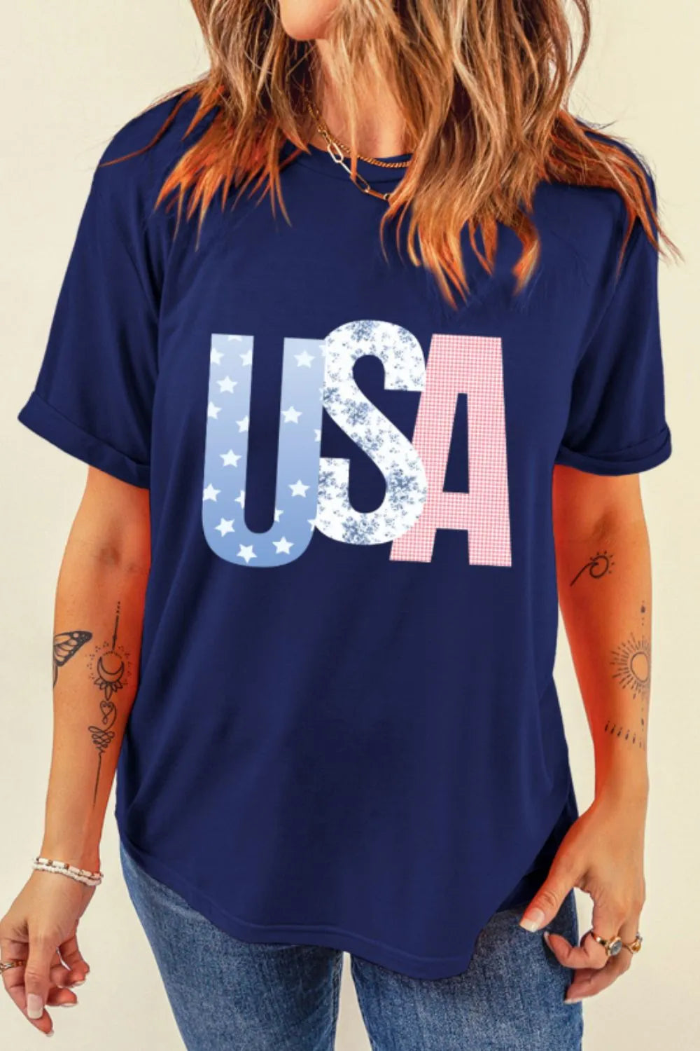 USA Letter Round Neck T-Shirt OutfitFlow