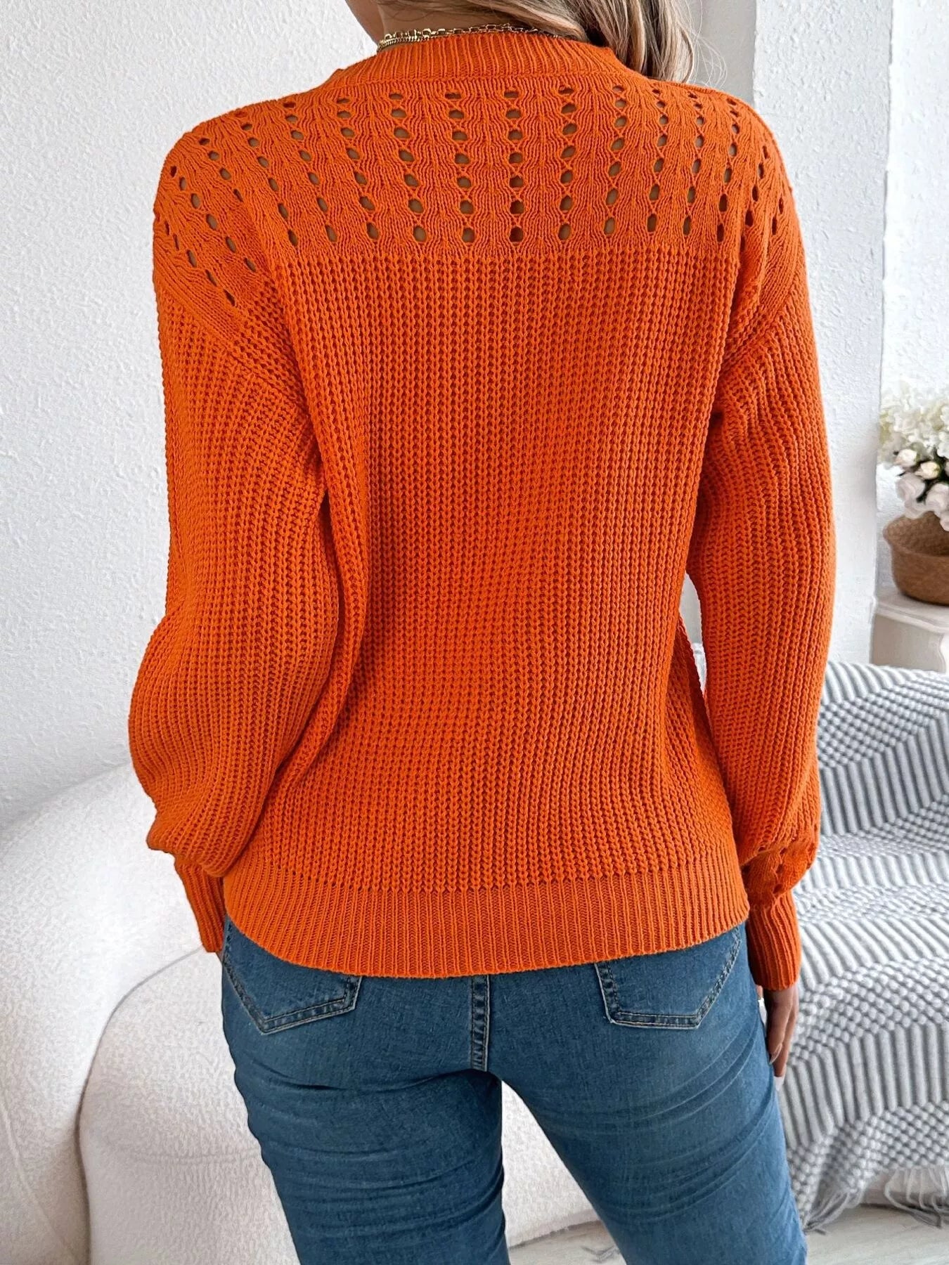 Openwork Round Neck Long Sleeve Sweater OutfitFlow