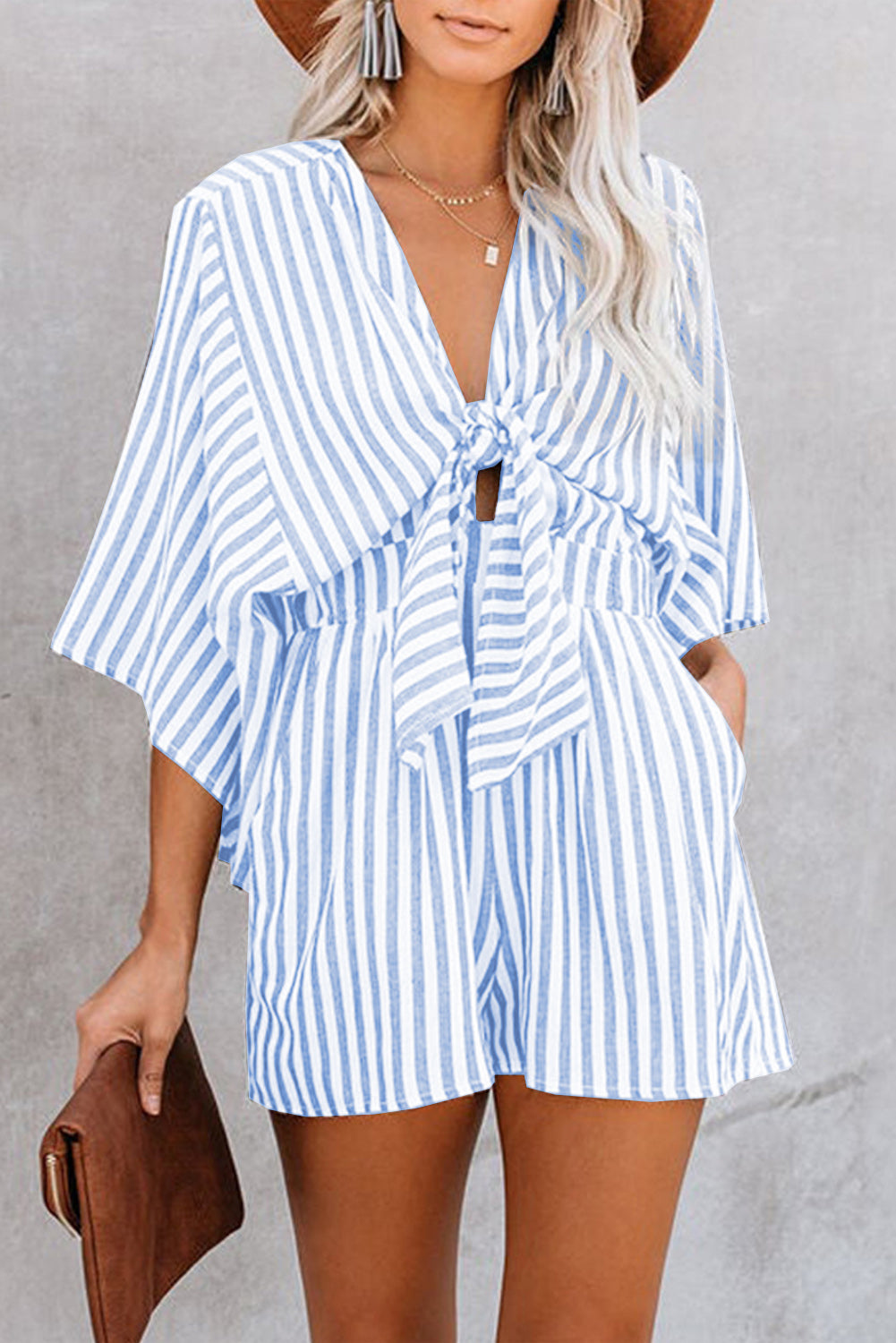 Outfit Flow - Bow Striped Kimono Sleeve Romper