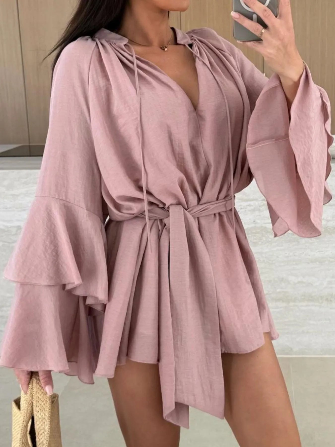 Bell Sleeve Tie Waist Mini Shirt Dress Pink OutfitFlow
