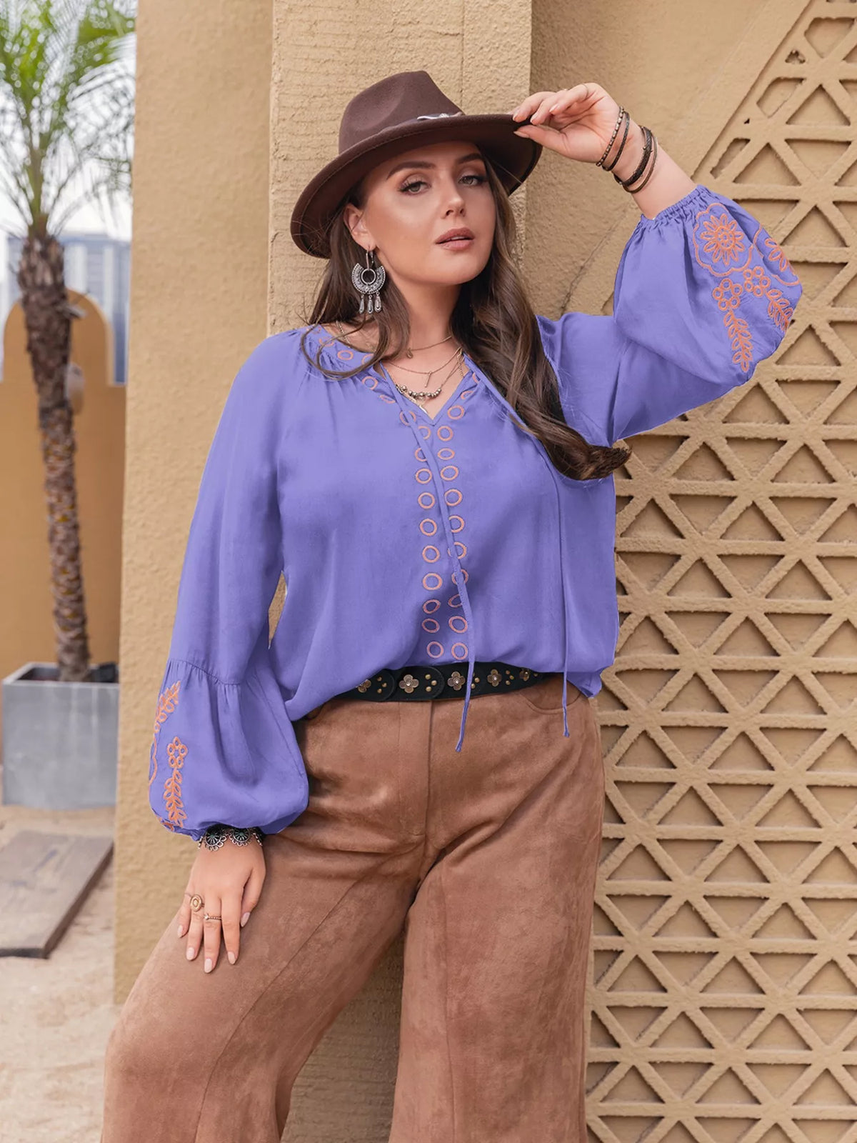 Plus Size Boho Embroidered Long Sleeve Blouse Blue Purple OutfitFlow