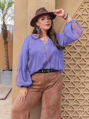 Plus Size Boho Embroidered Long Sleeve Blouse Blue Purple OutfitFlow