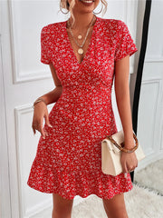 Printed Ruffled Hem V-Neck Short Sleeve Mini Dress OutfitFlow