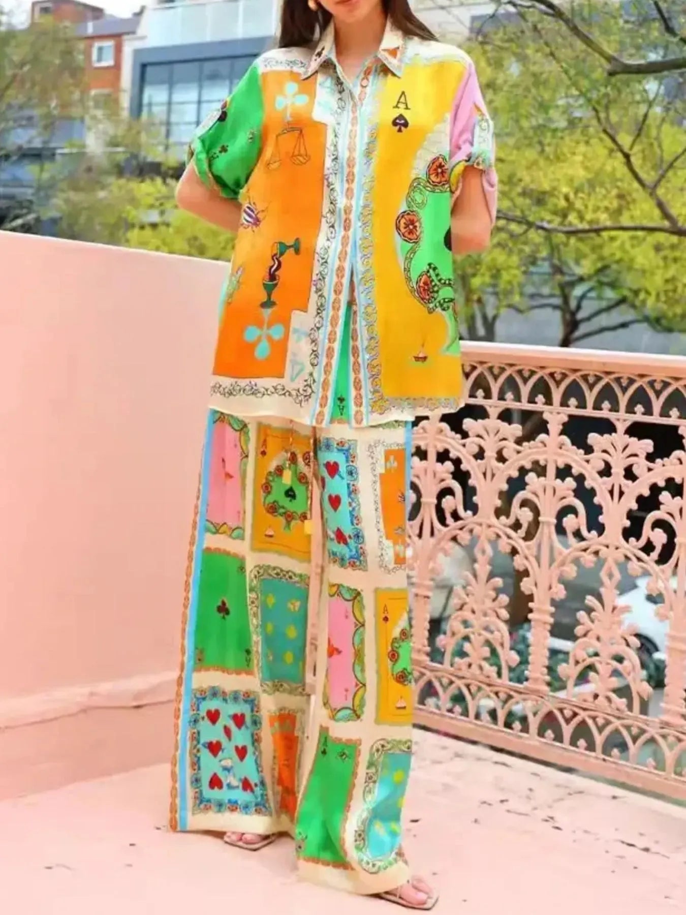 Colorful Print Shirt and Pants Two-Piece Set Multicolor OutfitFlow