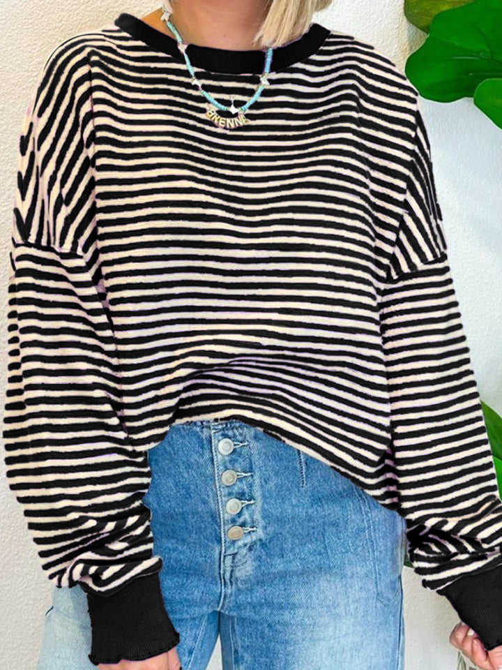 Striped Round Neck Long Sleeve Sweatshirt Black OutfitFlow