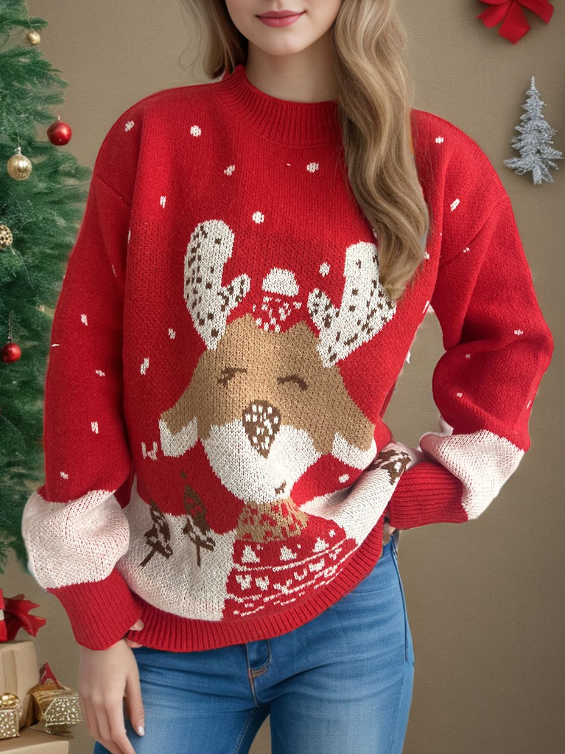 Outfit Flow - Reindeer Mock Neck Long Sleeve Sweater