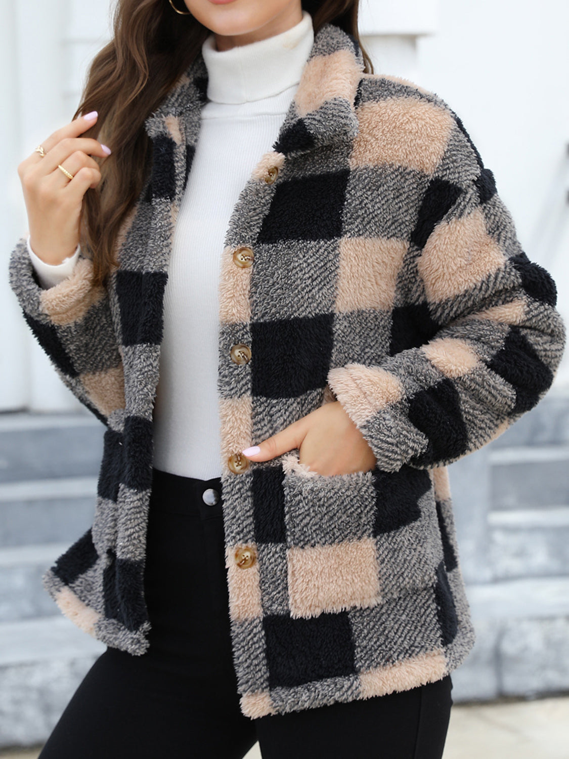 Outfit Flow - Button Up Drop Shoulder Fuzzy Jacket