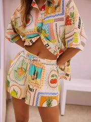 Printed Button Up Shirt and Shorts Set Multicolor OutfitFlow