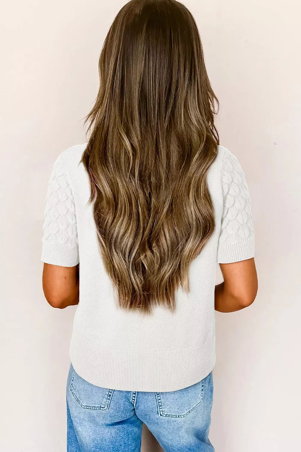 Textured Knit Short Sleeve Pullover OutfitFlow