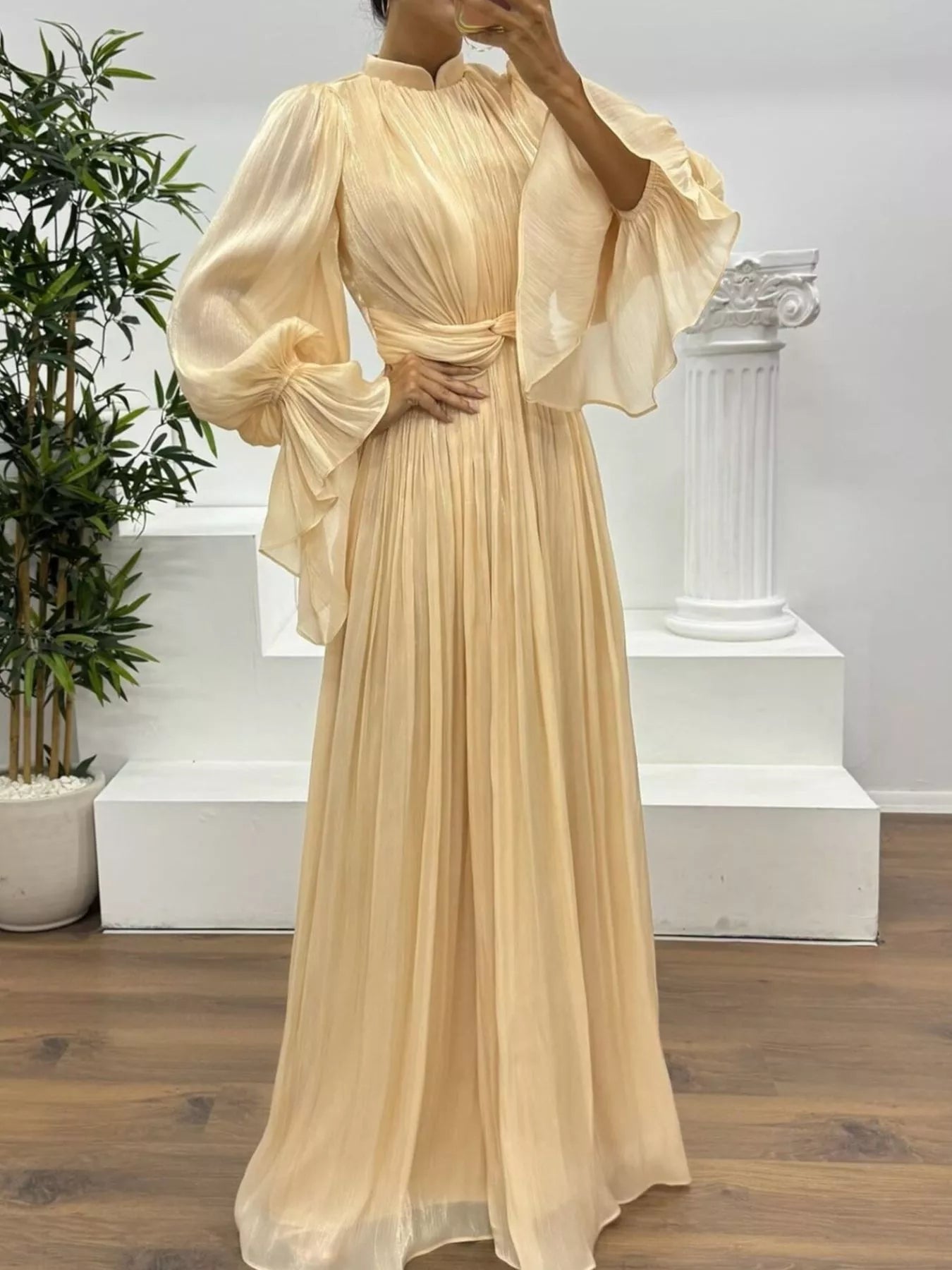 Pleated Mock Neck Long Sleeve Maxi Dress OutfitFlow