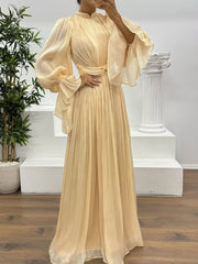 Pleated Mock Neck Long Sleeve Maxi Dress OutfitFlow