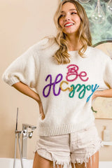 BiBi Metallic Letter Short Puff Sleeve Hairy Sweater IVORY OutfitFlow