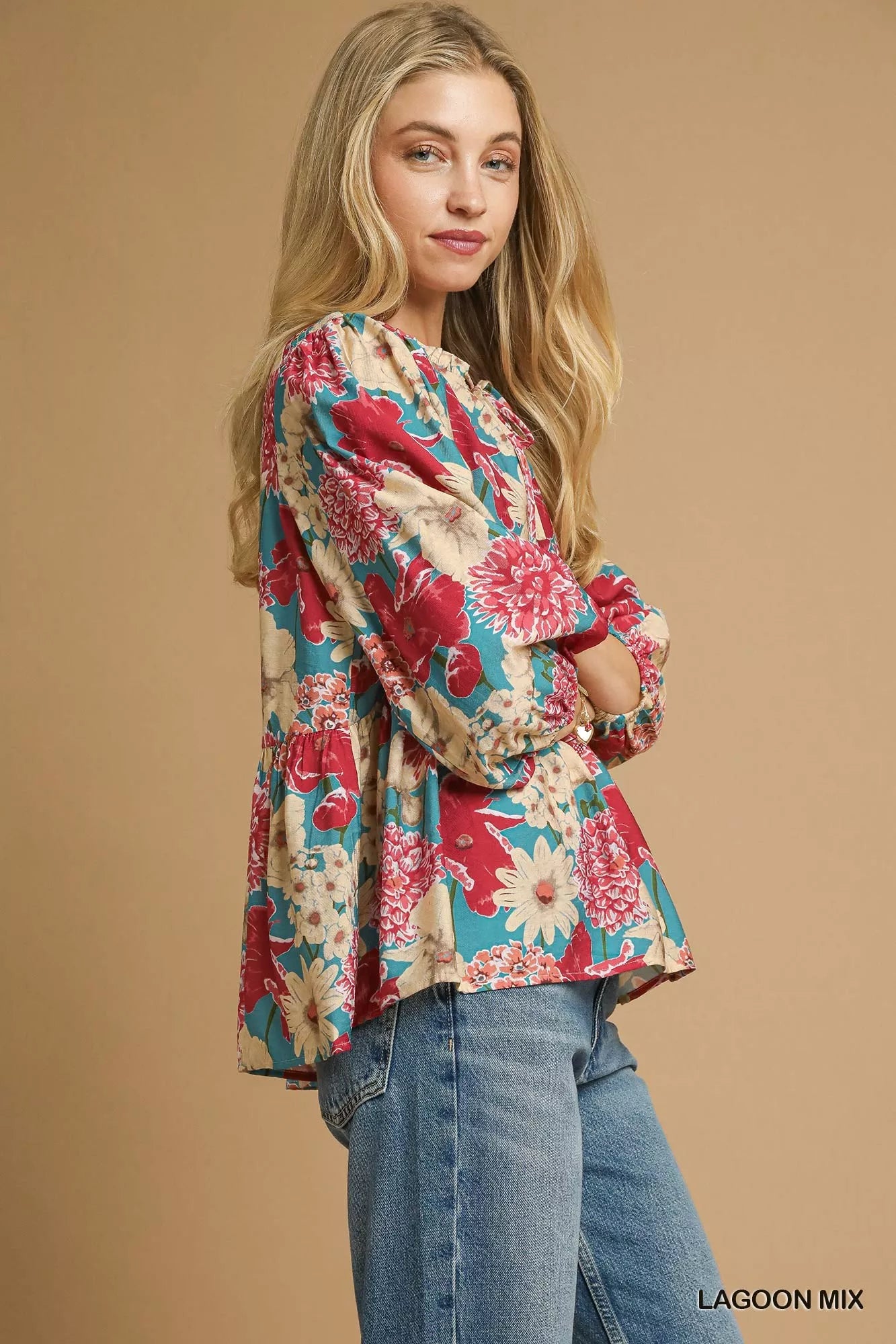Umgee Mix Floral Peplum Blouse with Tie Neck OutfitFlow