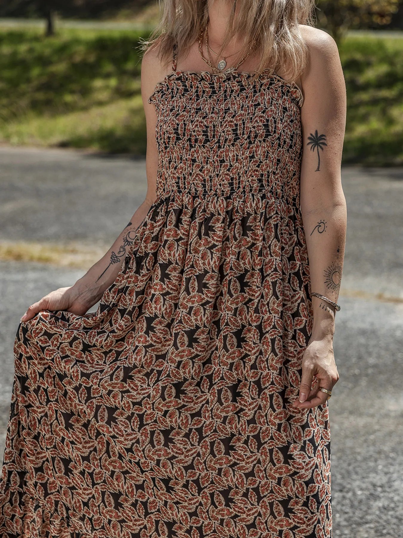 Printed Smocked Bodice Maxi Dress OutfitFlow