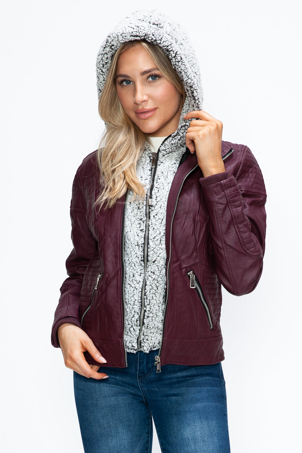 Outfit Flow - YMI Faux Layered Double-Zipper Jacket with Fuzzy Hood