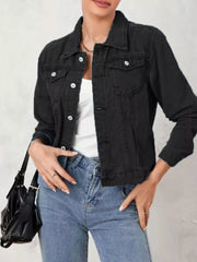 Button Up Long Sleeve Denim Jacket Black OutfitFlow