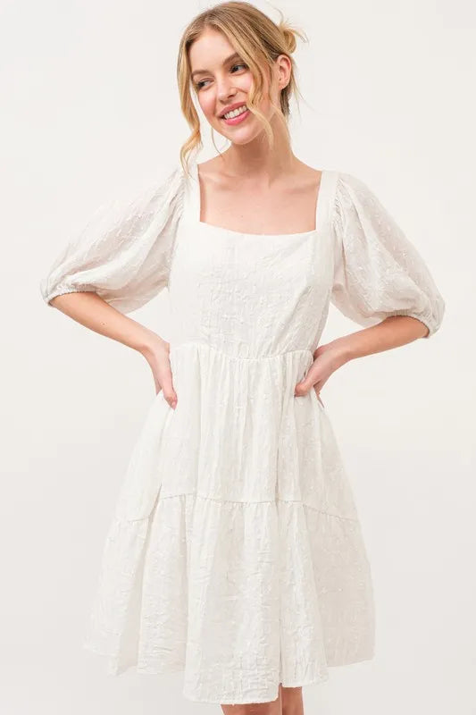 And The Why Square Neck Puff Sleeve Tiered Mini Dress Off White OutfitFlow
