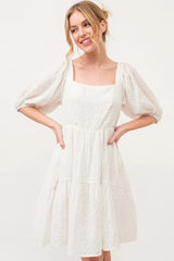 And The Why Square Neck Puff Sleeve Tiered Mini Dress Off White OutfitFlow