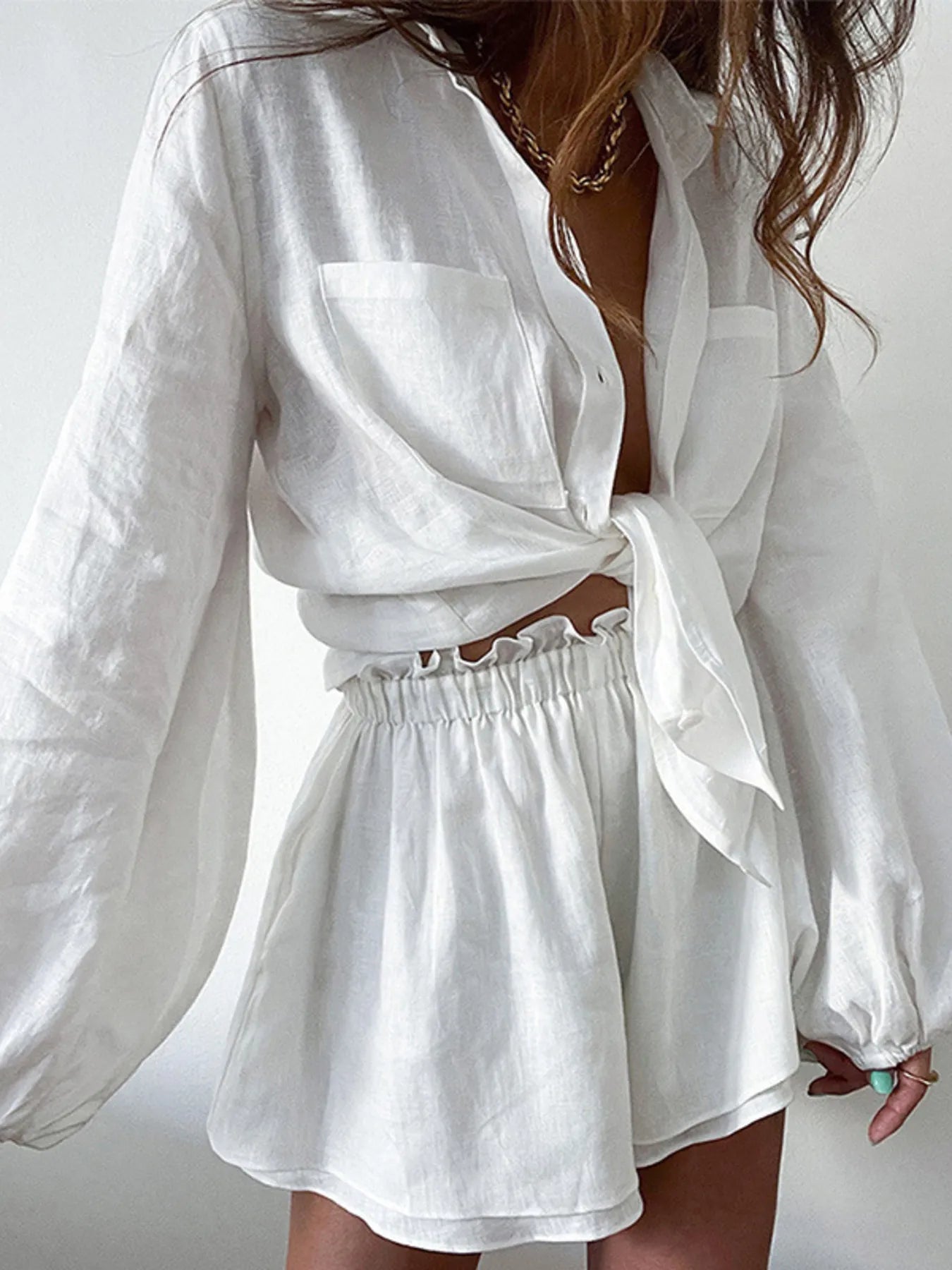 Full Size Button Up Balloon Sleeve Top and Shorts Set Plus Size White OutfitFlow
