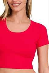 Zenana Ribbed Scoop Neck Crop Short Sleeve Top OutfitFlow