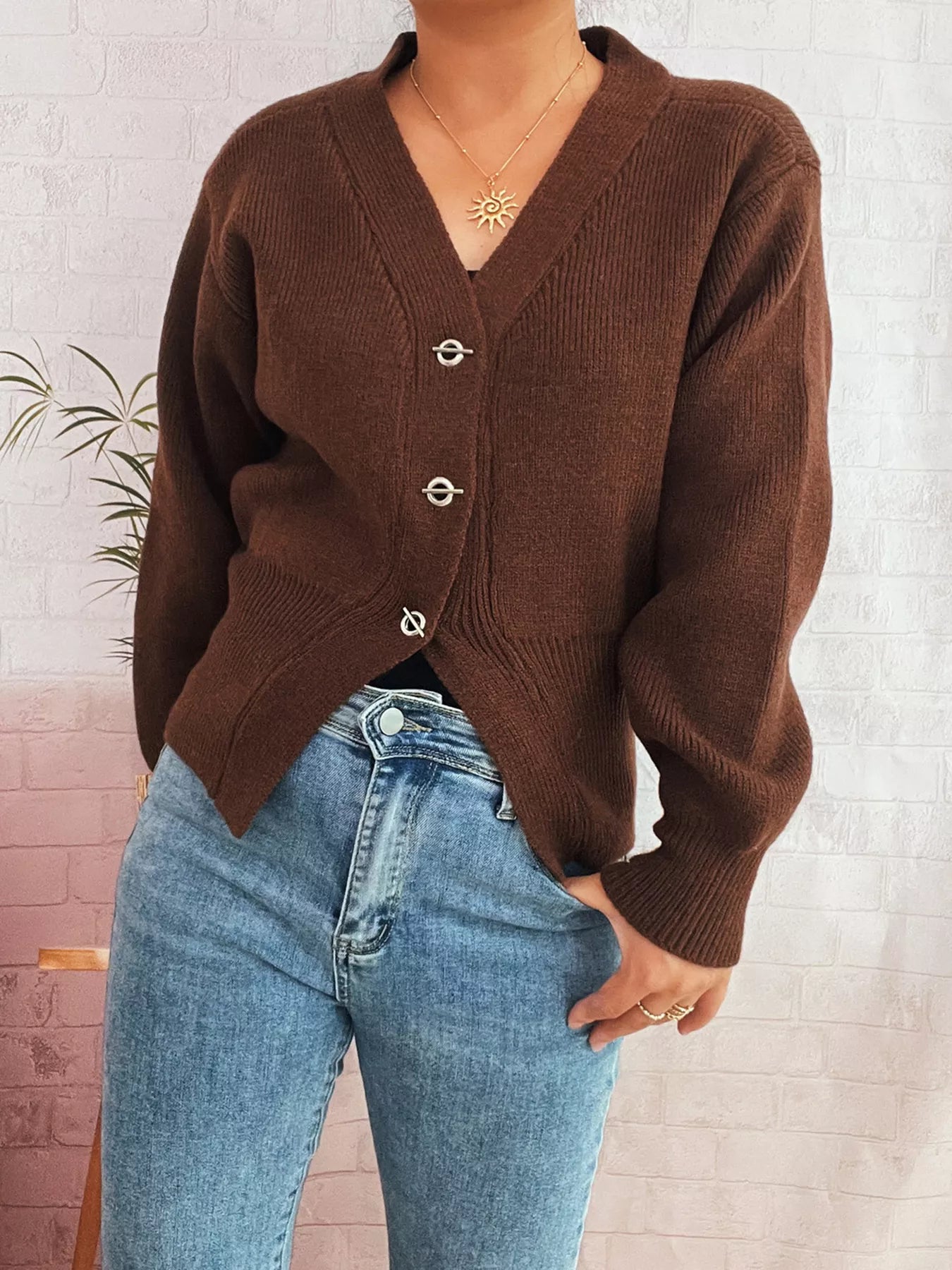 Button Up Long Sleeve Cardigan Brown One Size OutfitFlow