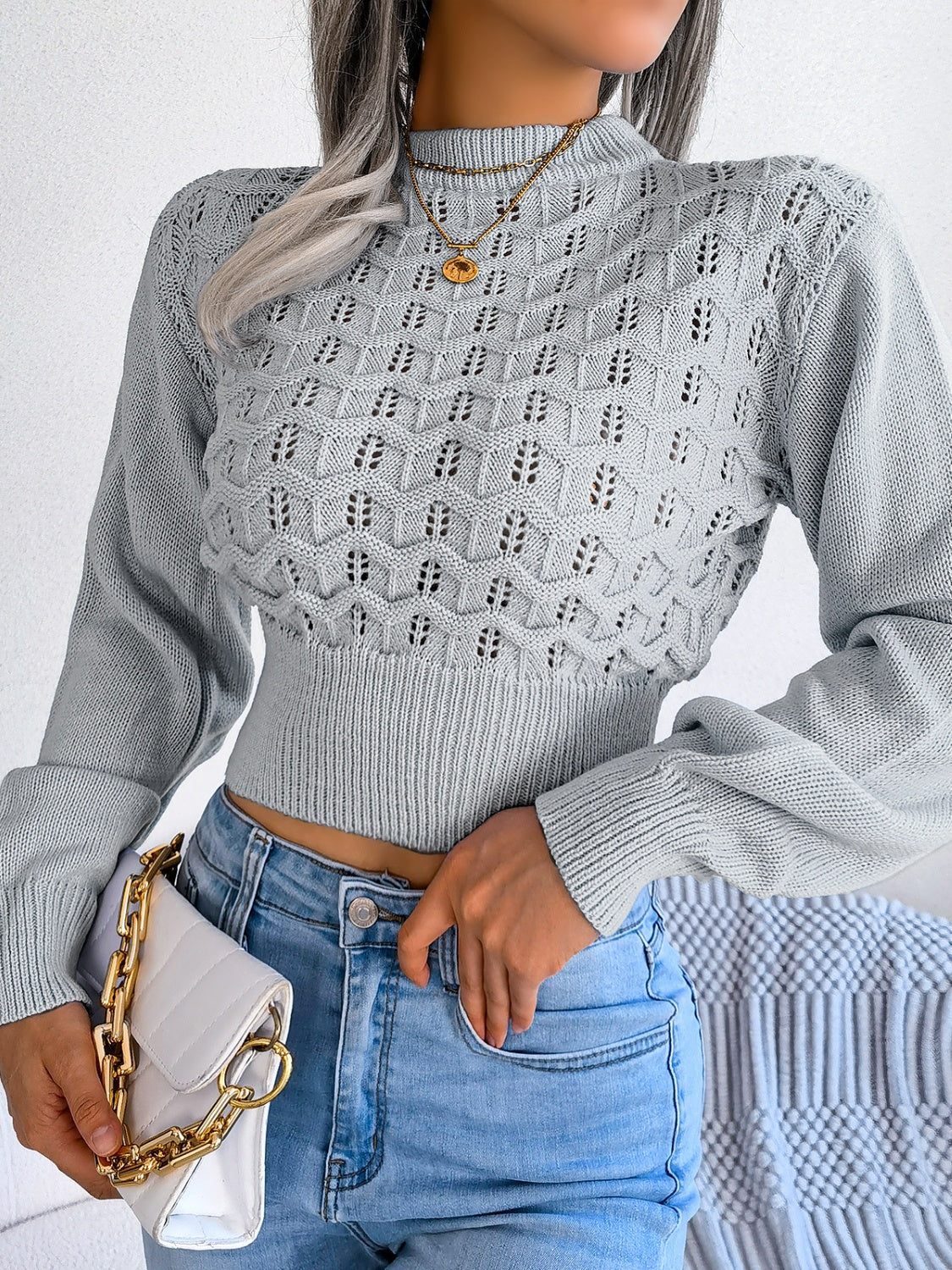 Outfit Flow - Openwork Mock Neck Long Sleeve Cropped Sweater